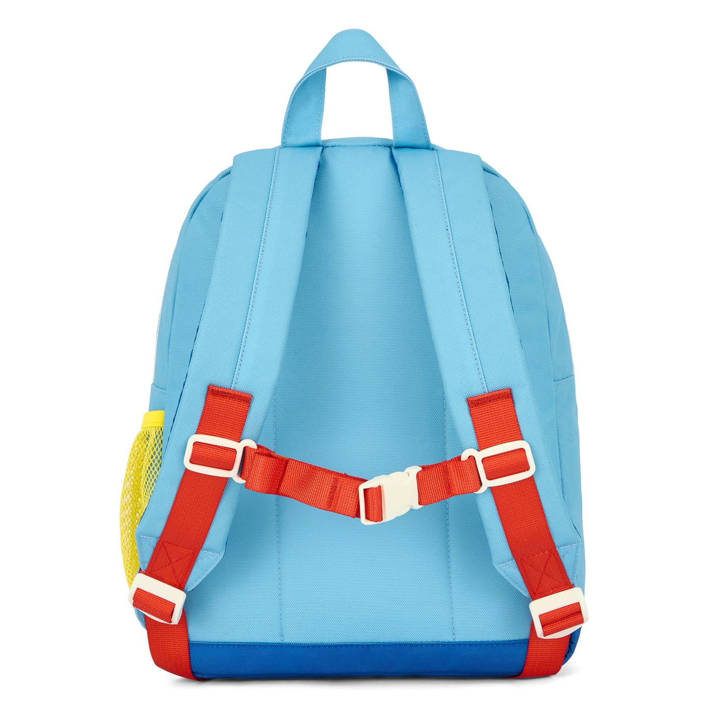 Sac à dos enfant bleu bretelles rouges poche filet jaune Hello Hossy