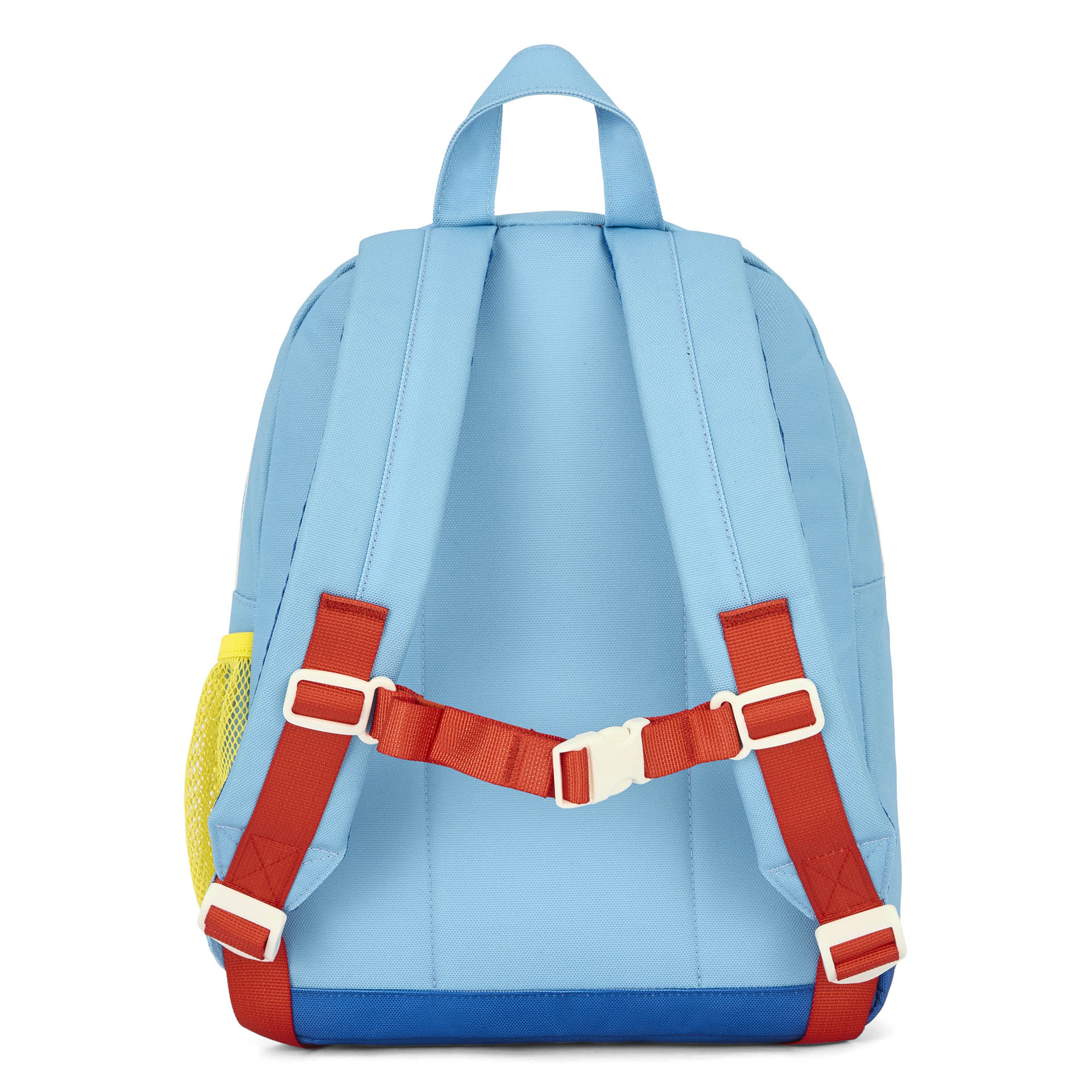 Sac à dos enfant bleu bretelles rouges poche filet jaune Hello Hossy