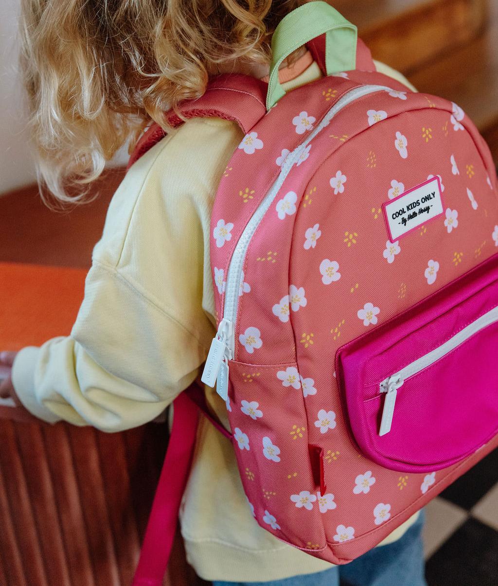 Sac à dos enfant corail imprimé fleurs poche fuchsia Hello Hossy
