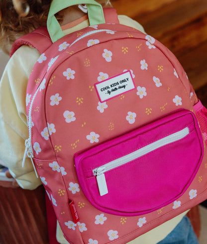 Sac à dos enfant corail imprimé fleurs poche fuchsia Hello Hossy