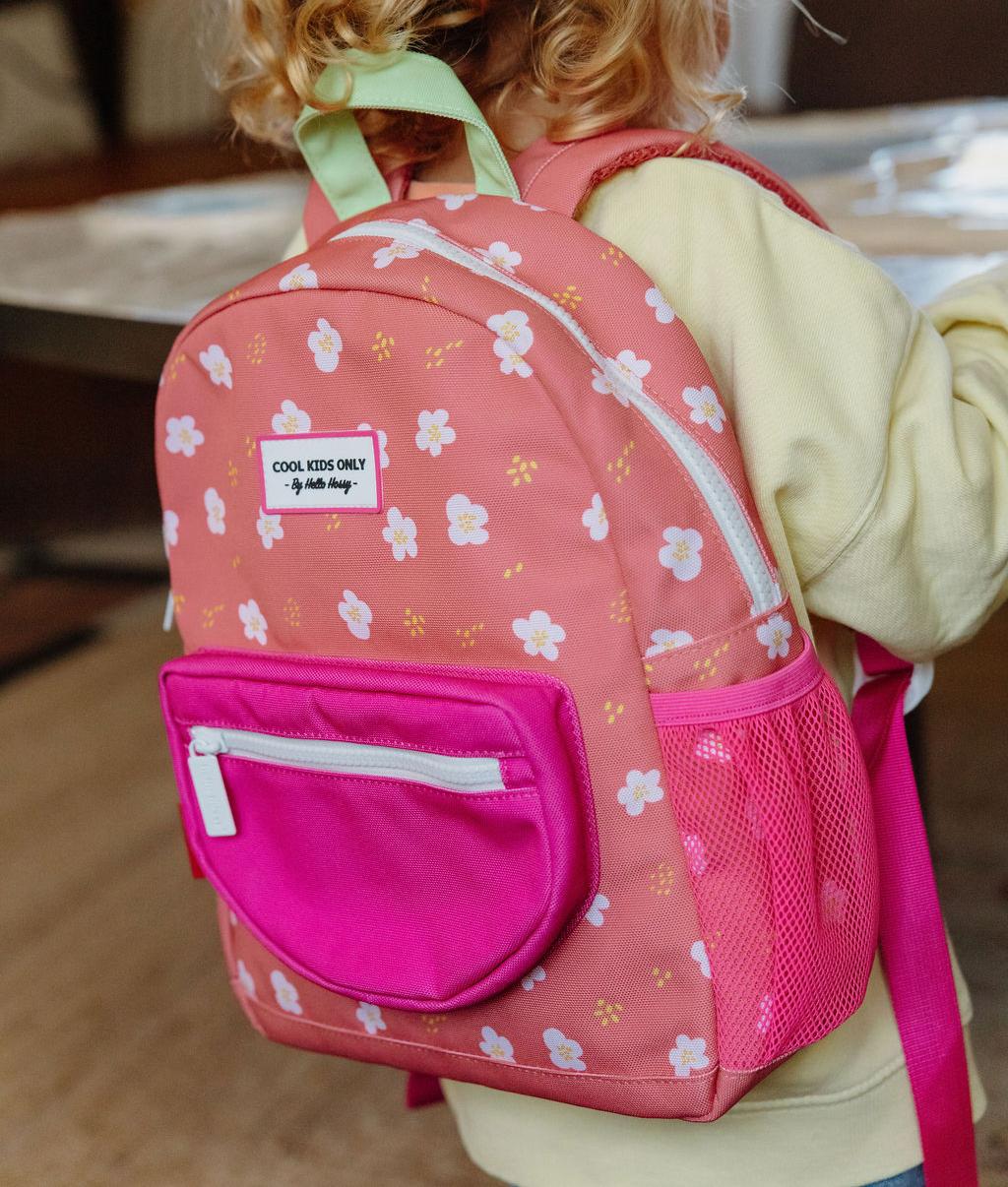 Sac à dos enfant corail imprimé fleurs poche rose Hello Hossy