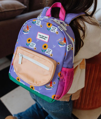 Sac à dos enfant violet imprimé fleurs poche pêche Hello Hossy