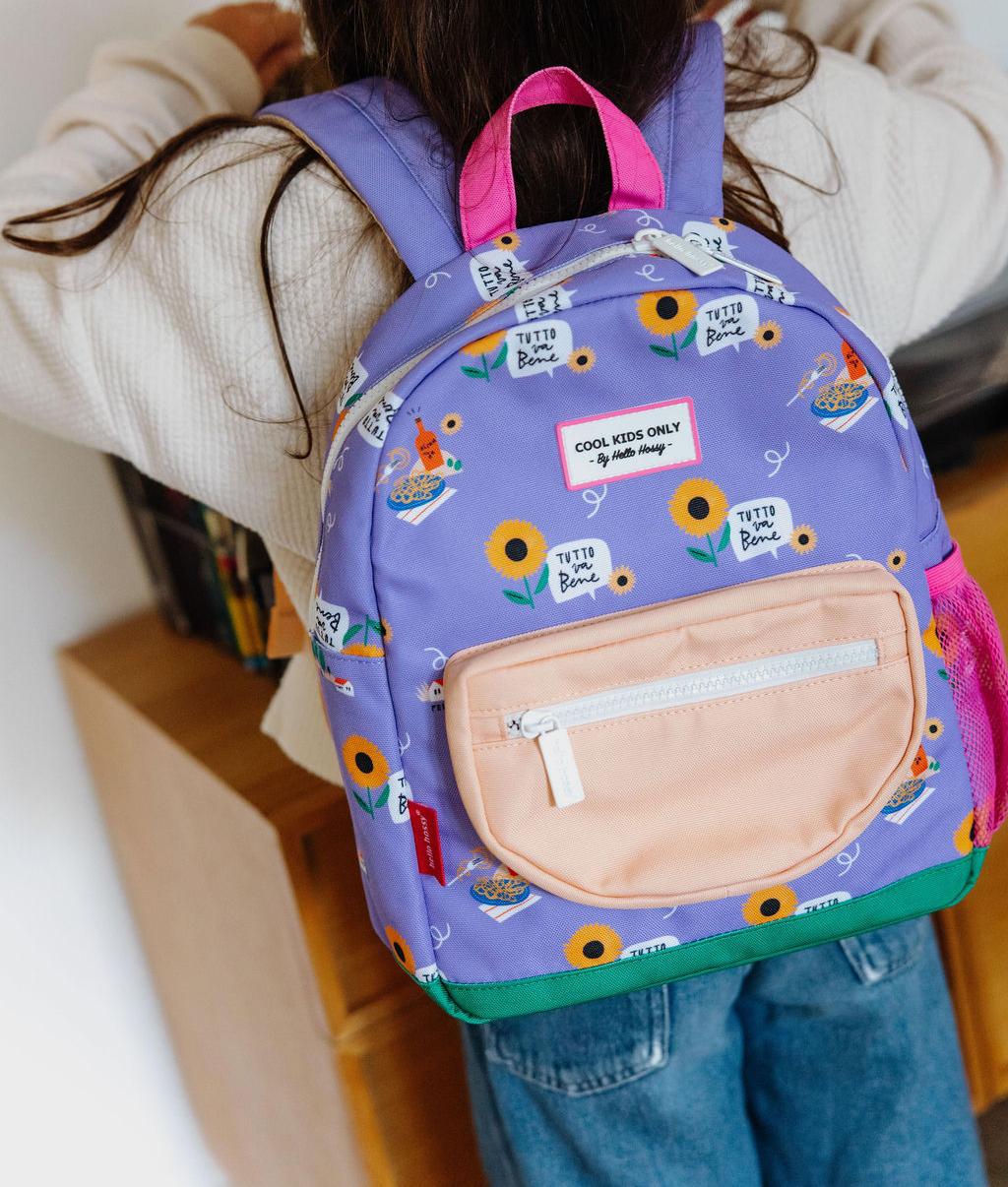 Sac à dos enfant violet imprimé fleurs poche beige Hello Hossy