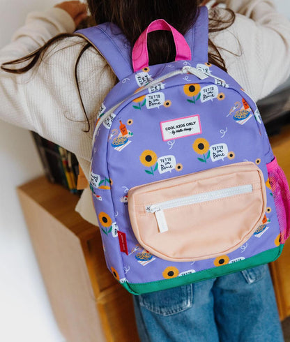 Sac à dos enfant violet imprimé fleurs poche beige Hello Hossy