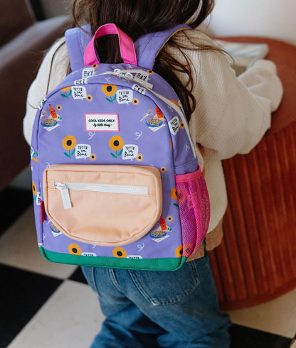 Sac à dos enfant violet imprimé fleurs poche beige Hello Hossy