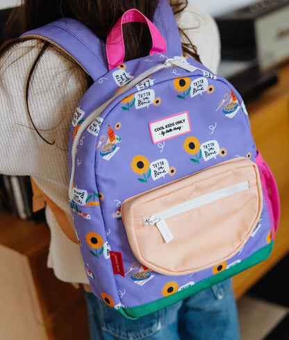 Sac à dos enfant violet motif fleurs panneau texte Hello Hossy