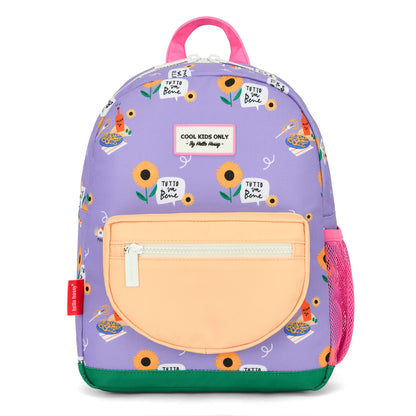Sac à dos enfant violet imprimé fleurs jaune poche beige Hello Hossy