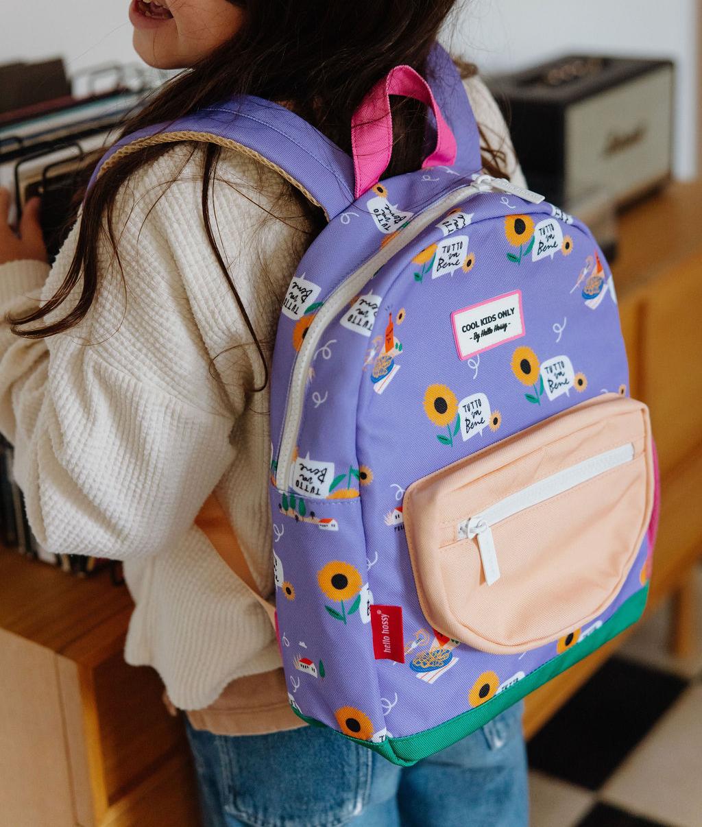 Sac à dos enfant violet motif fleurs poche beige Hello Hossy