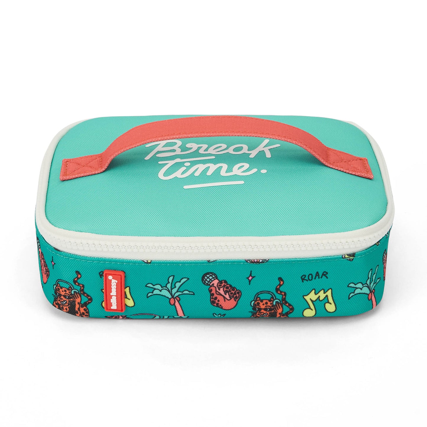 Sac goûter enfant vert corail motif animaux inscription Hello Hossy