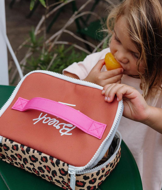 Snacktasche Kind Cremeweiß Leopard Muster Rosa Griff Hello Hossy