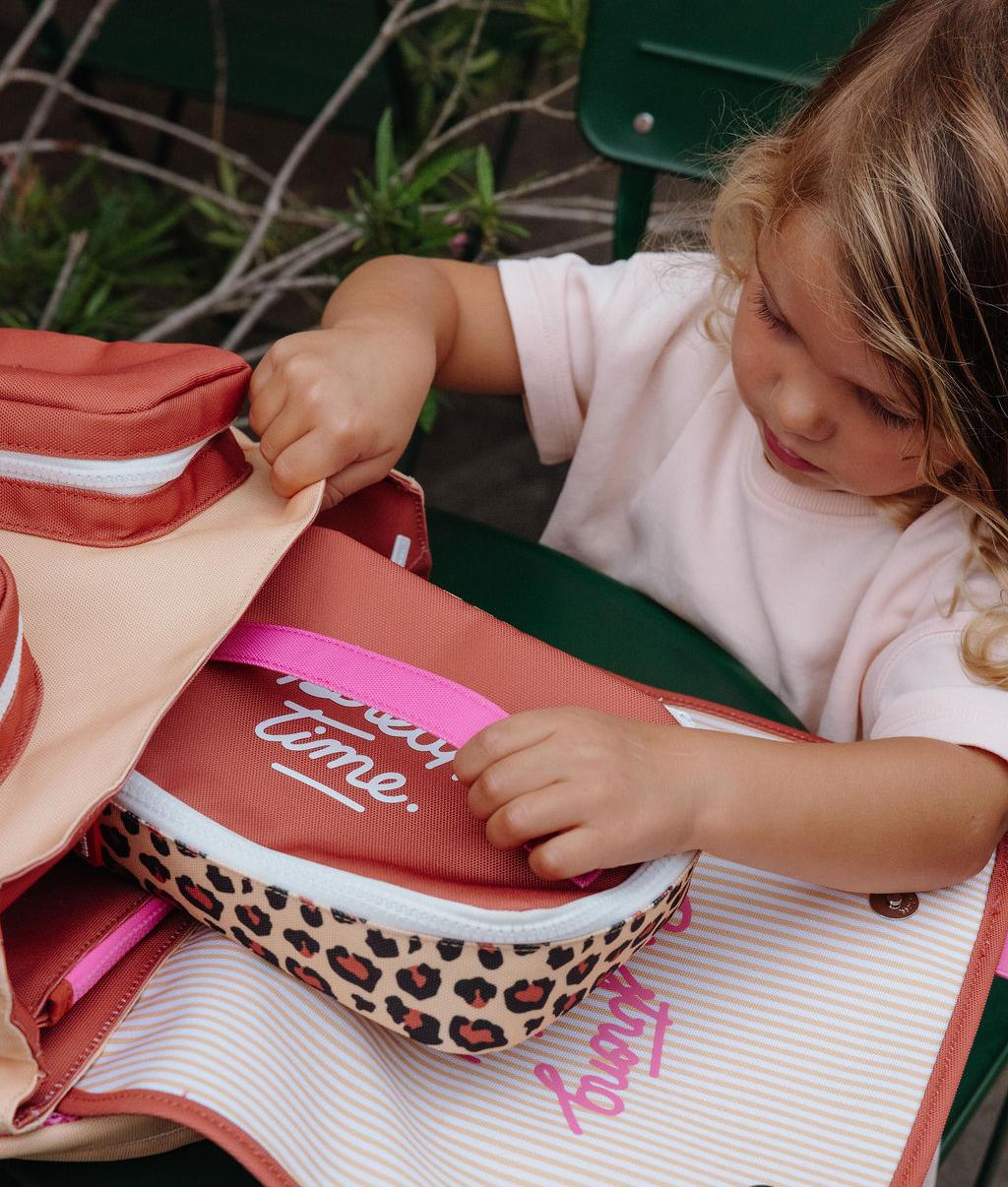 Sac goûter enfant crème marron imprimé léopard intérieur rose Hello Hossy