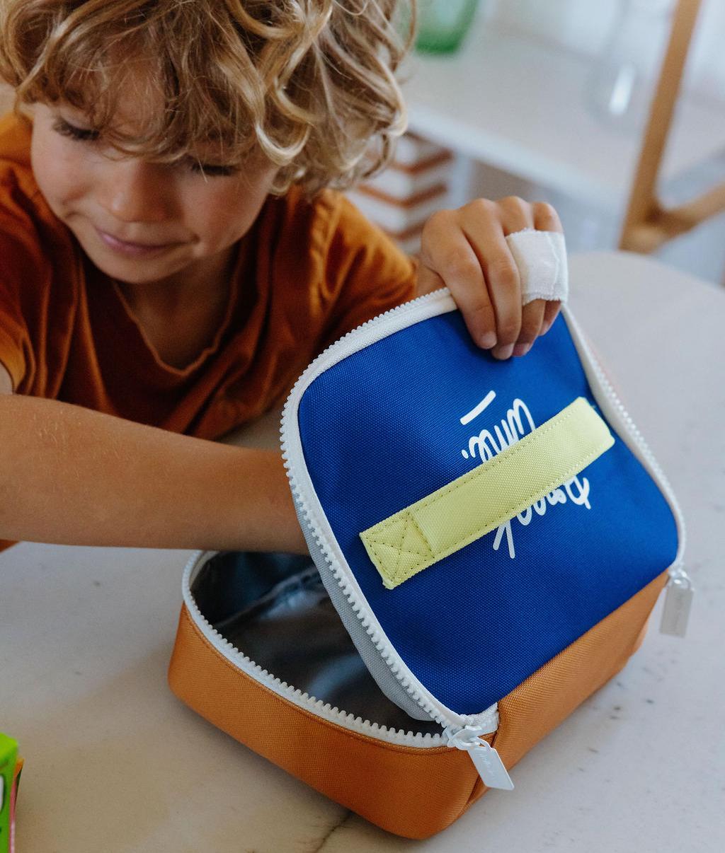Sac repas enfant bleu anse jaune fermeture éclair Hello Hossy