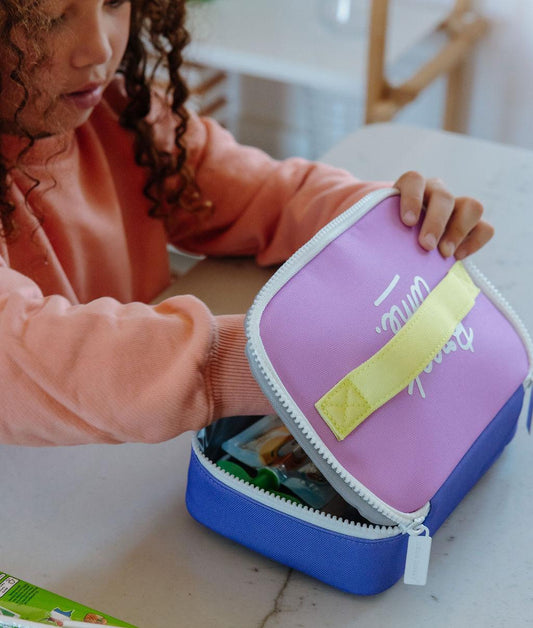 Snacktasche Kind Violett Blau Gelb Tragegriff Hello Hossy