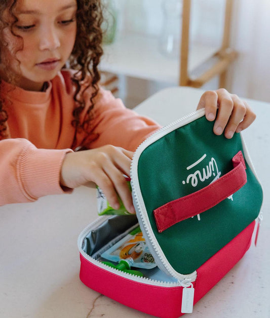 Snacktasche Kind Framboise Grün kontrastierender Griff Hello Hossy