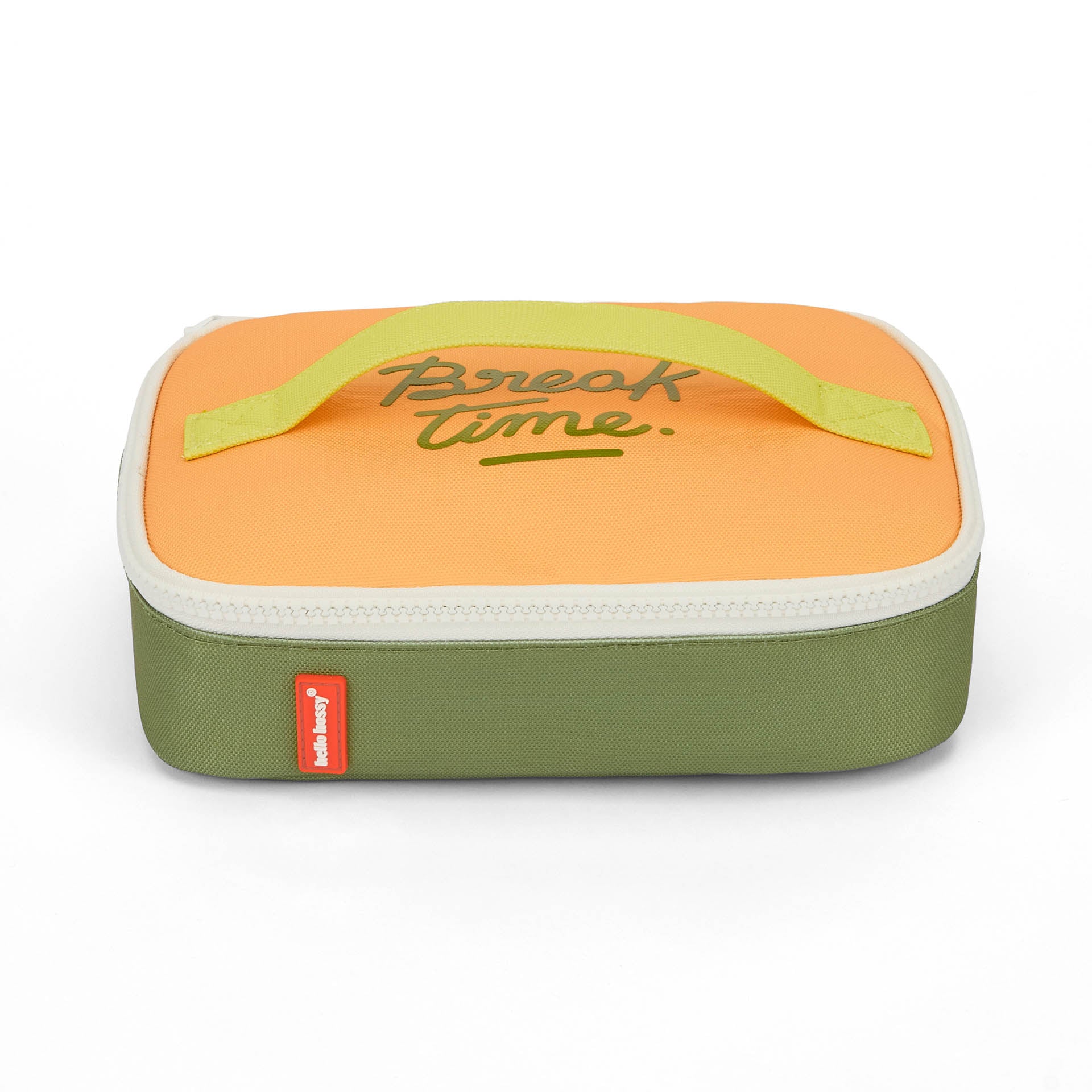 Sac goûter enfant vert orange poignée inscription Break Time Hello Hossy