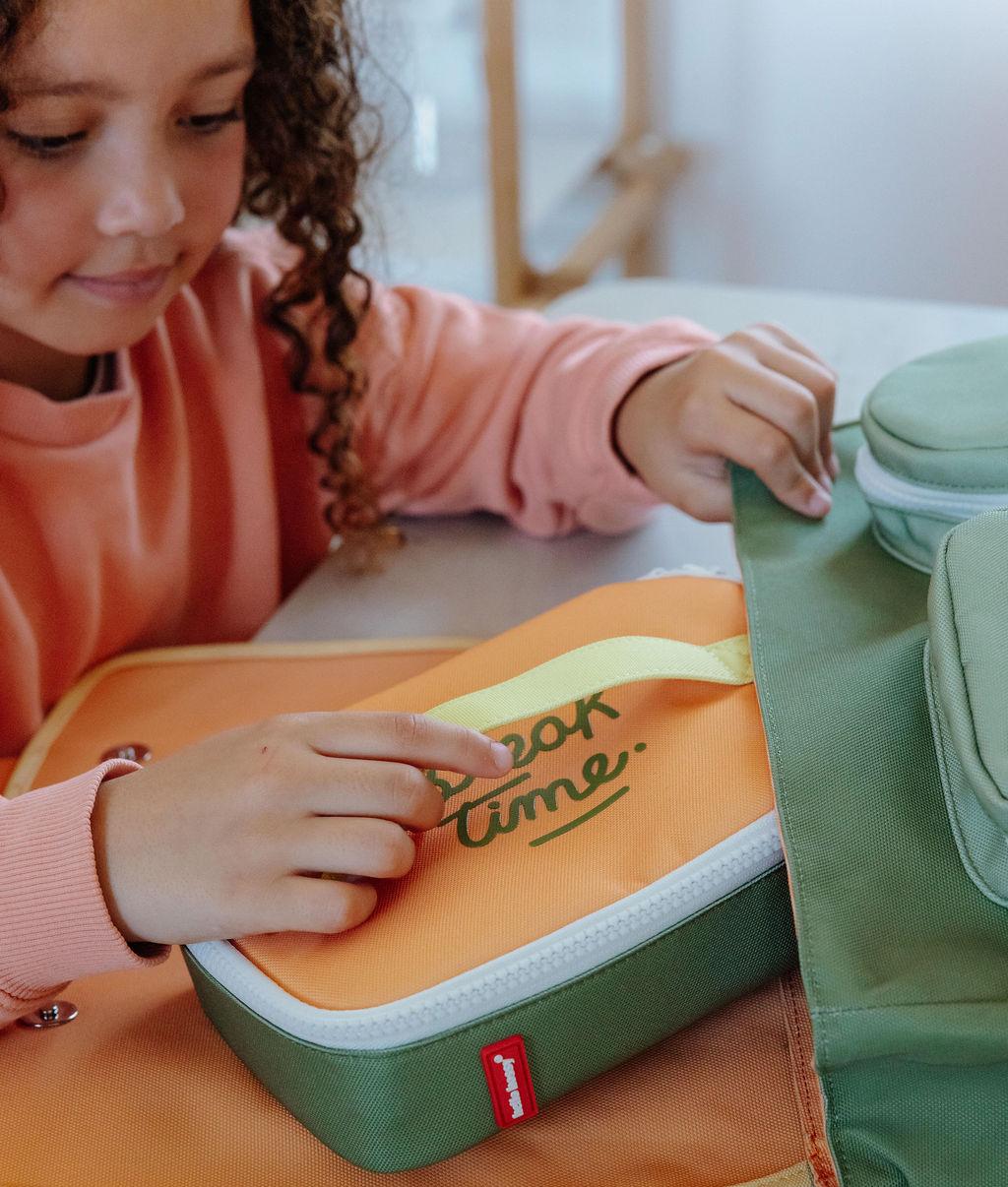 Sac goûter enfant vert orange texte Break Time Hello Hossy