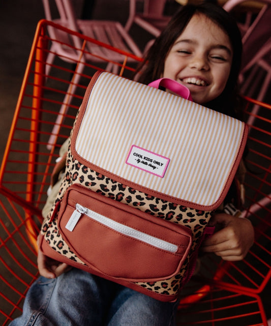 Sac à dos enfant beige imprimé léopard poche frontale Hello Hossy
