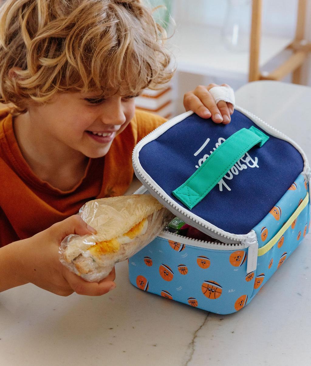 Sac repas enfant bleu orange motif sport poignée verte Hello Hossy