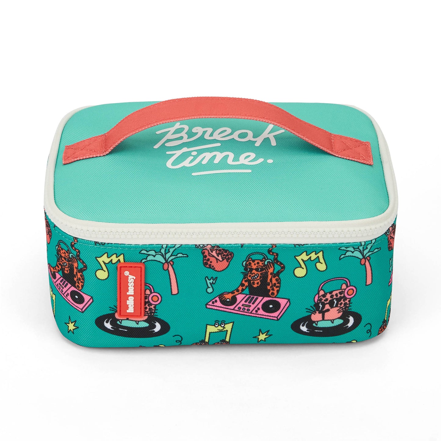 Sac repas enfant vert corail motif animaux inscription Break Time Hello Hossy