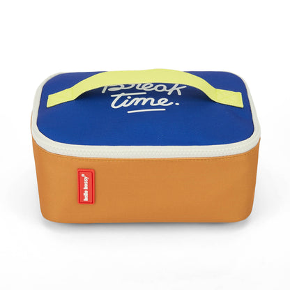 Sac repas enfant bleu beige poignées jaunes texte brodé Hello Hossy