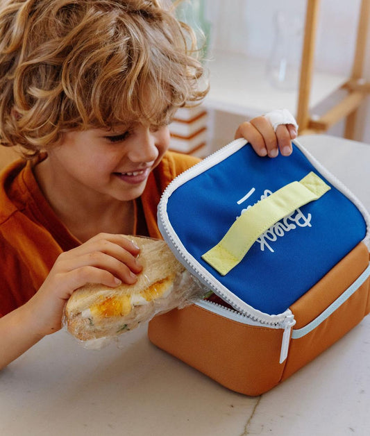 Lunchtasche Kind Blau Gelber Griff Würfelform Hello Hossy