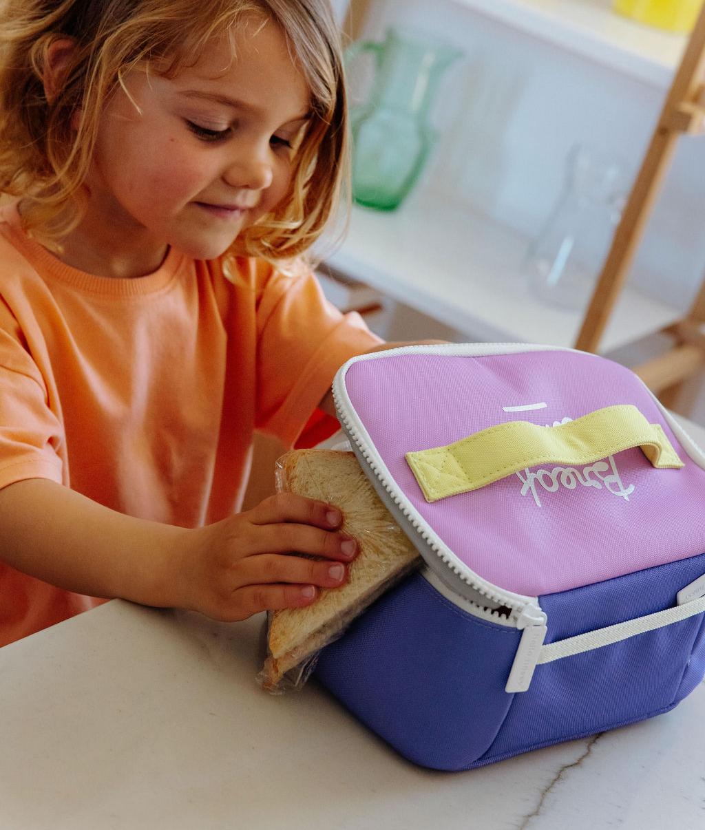 Sac repas enfant violet jaune détail blanche Hello Hossy