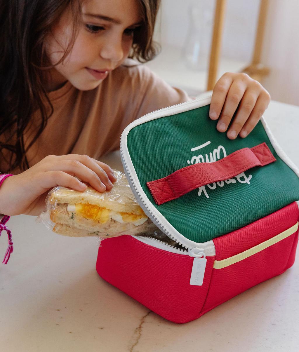 Sac repas enfant framboise intérieur vert poignées rouges Hello Hossy