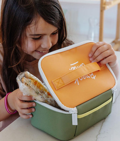Sac repas enfant vert avec couvercle orange fermeture éclair Hello Hossy