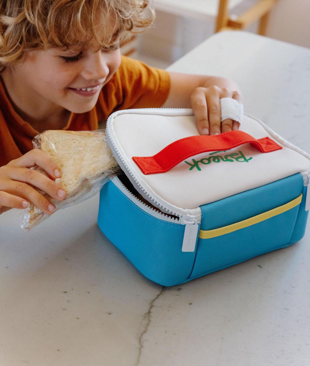 Sac repas enfant bleu poignée rouge détail jaune Hello Hossy