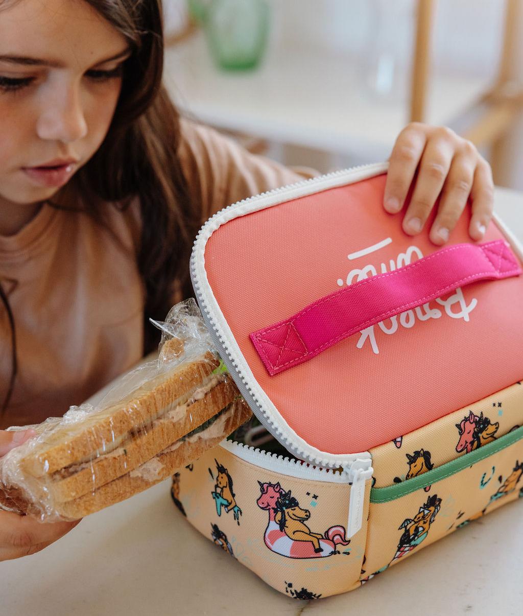 Sac repas enfant jaune motif licorne poignée rose Hello Hossy