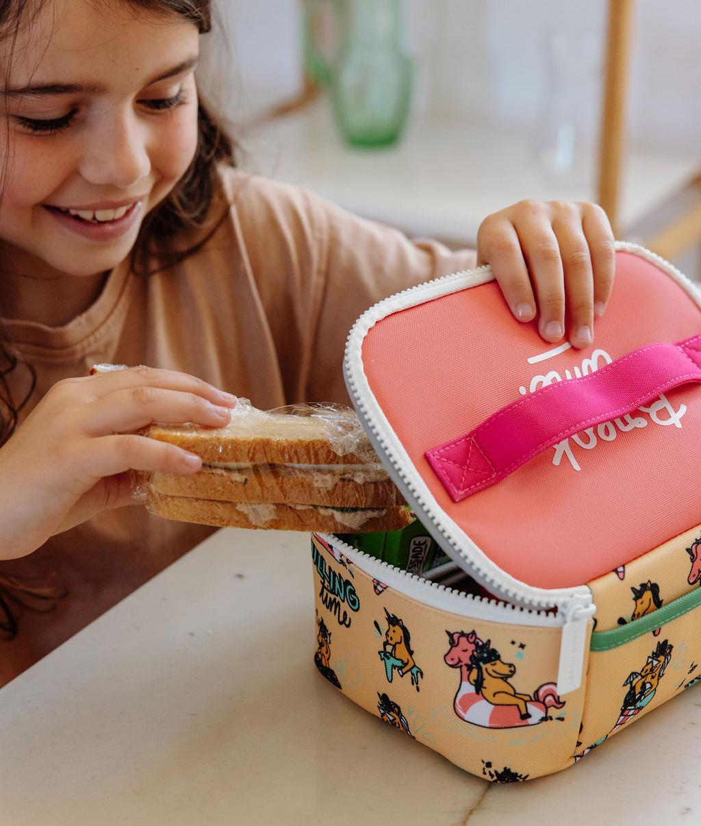 Sac repas enfant jaune motif licorne fermeture rose Hello Hossy