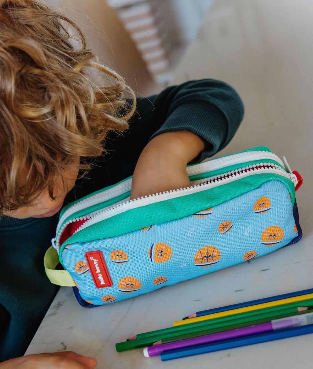Trousse scolaire enfant bleu orange motif ballons Hello Hossy