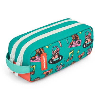 Trousse scolaire enfant vert corail motif animaux double compartiment Hello Hossy