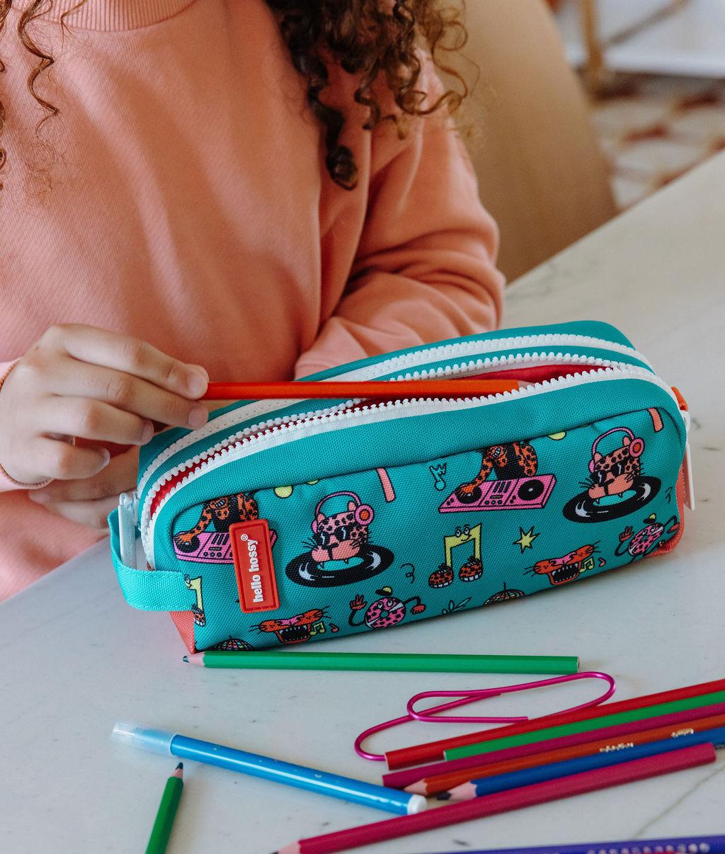 Trousse scolaire enfant vert corail imprimé animaux plusieurs compartiments Hello Hossy