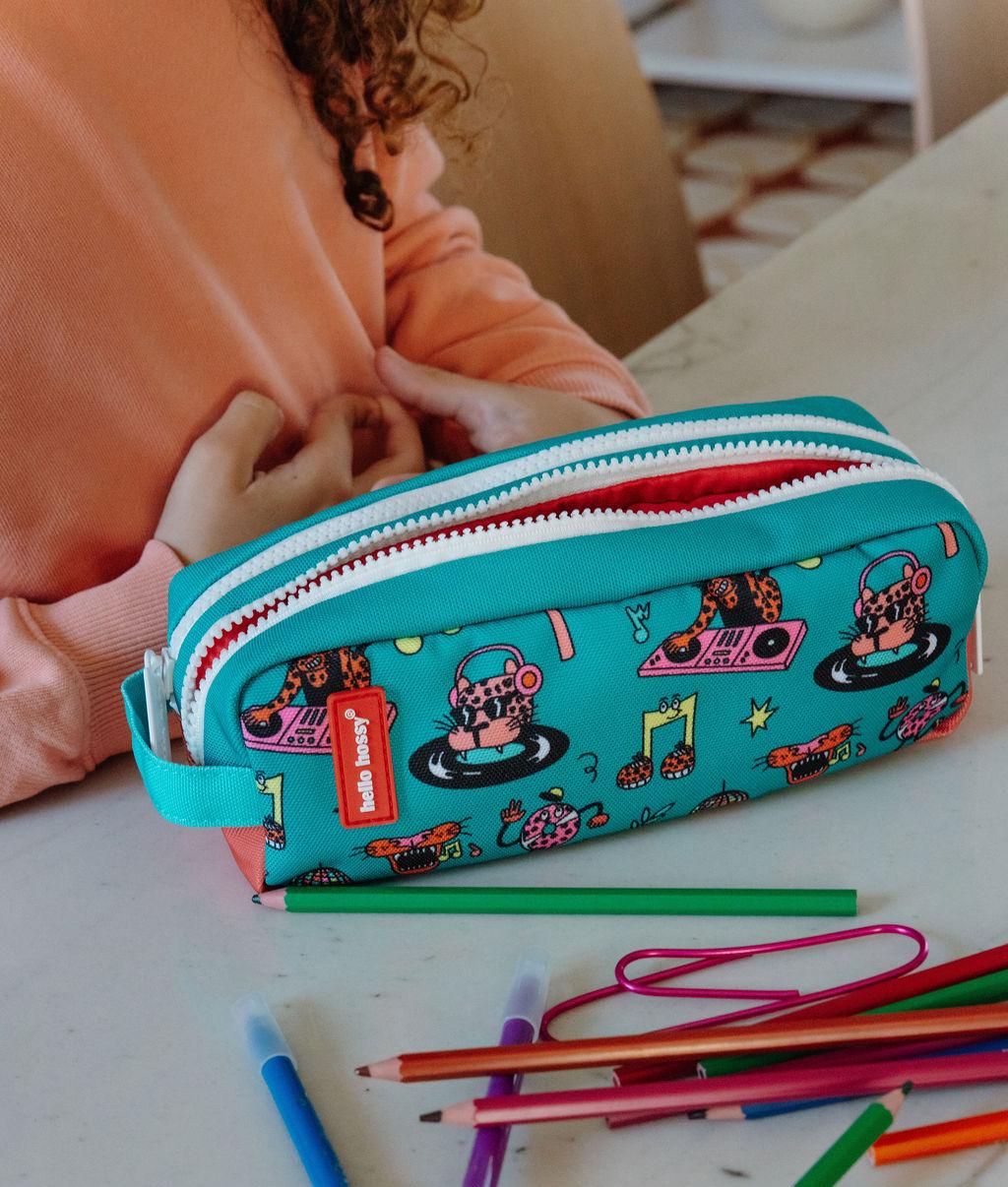 Trousse scolaire enfant vert corail motif animaux zip double Hello Hossy