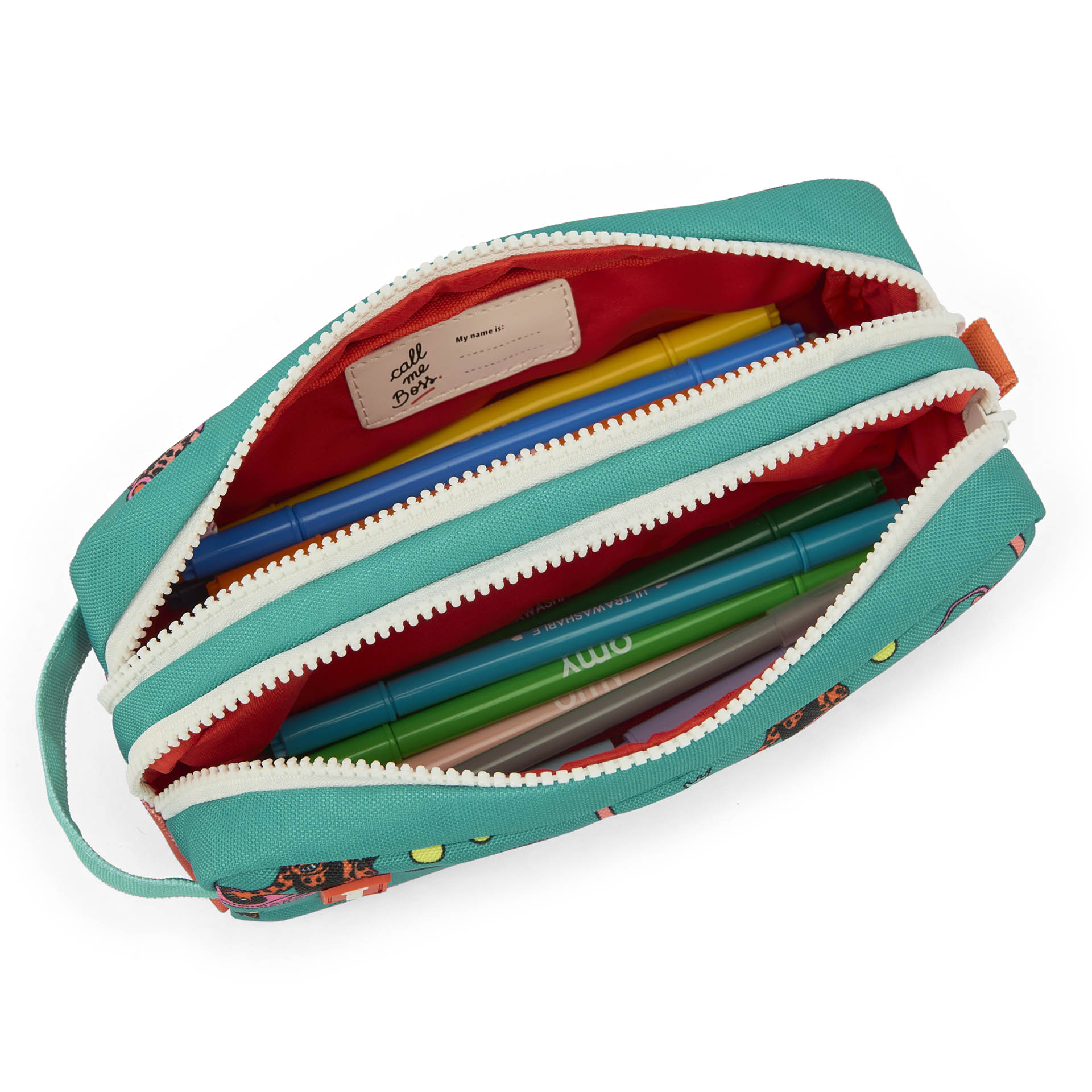 Trousse scolaire enfant vert corail motif animaux double compartiment Hello Hossy