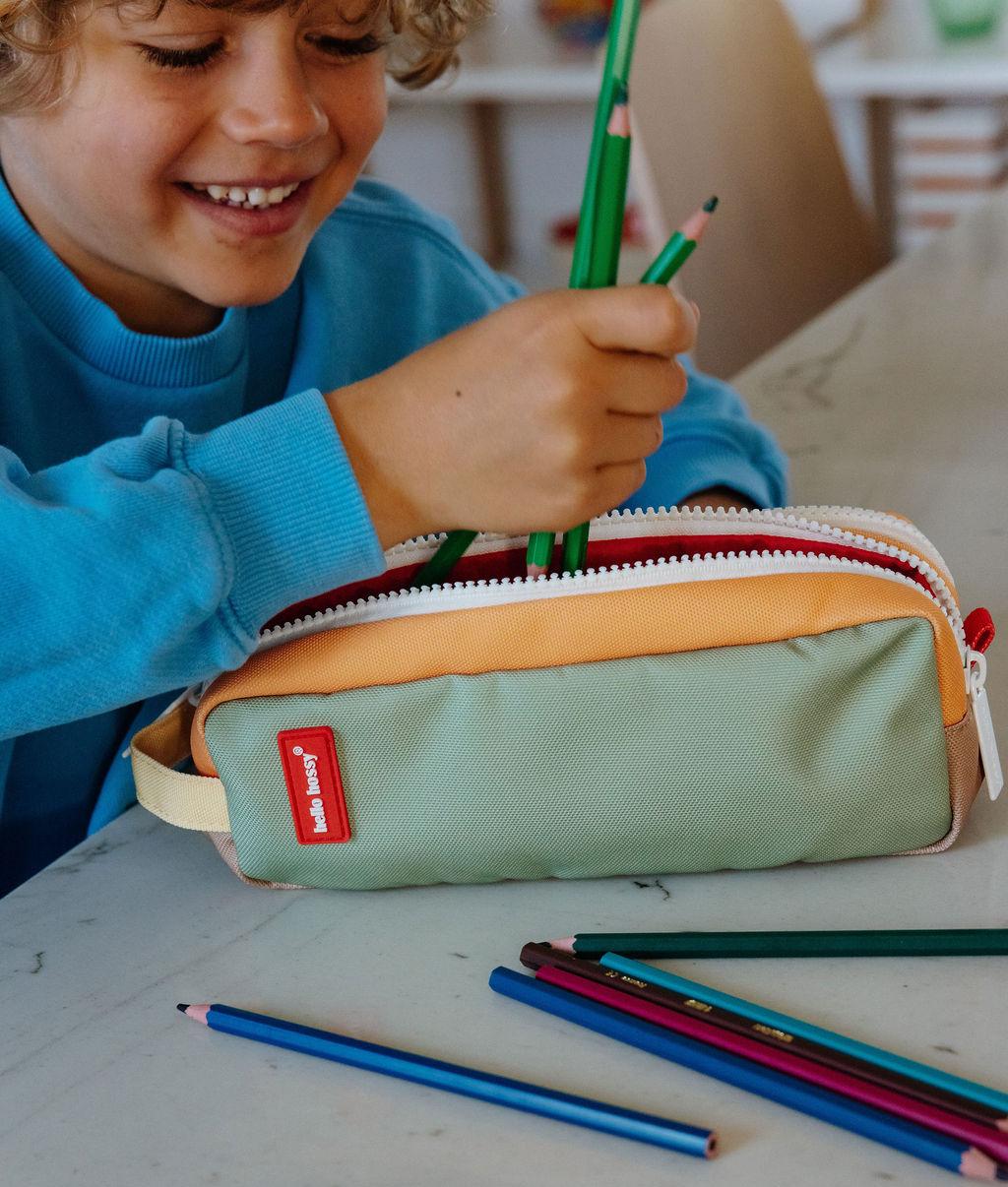 Trousse scolaire enfant vert bicolore zips multiples Hello Hossy