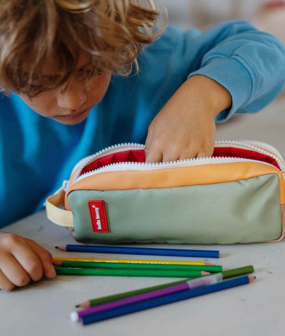 Trousse scolaire enfant vert détails orange double compartiment Hello Hossy