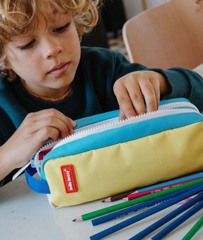 Trousse scolaire enfant bleu jaune double compartiment Hello Hossy