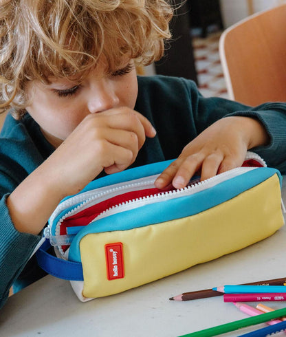 Trousse scolaire enfant bleu jaune double compartiment Hello Hossy