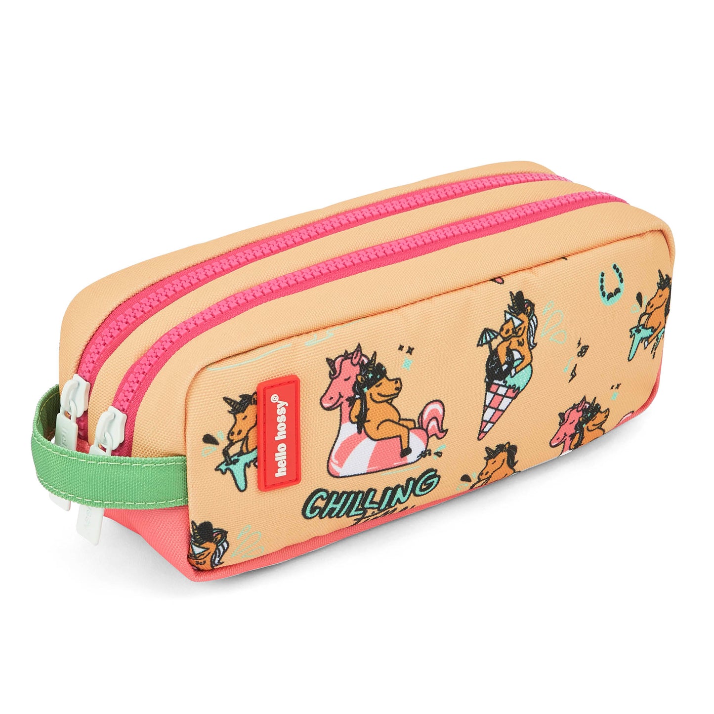 Trousse scolaire enfant jaune rose motif licorne double compartiment Hello Hossy
