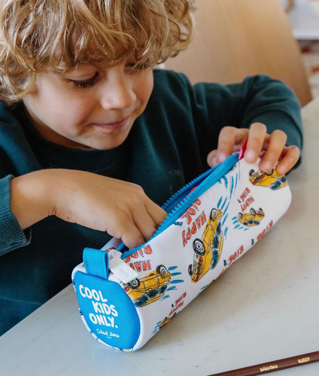 Trousse scolaire enfant blanc orange motif voiture fermeture bleue Hello Hossy
