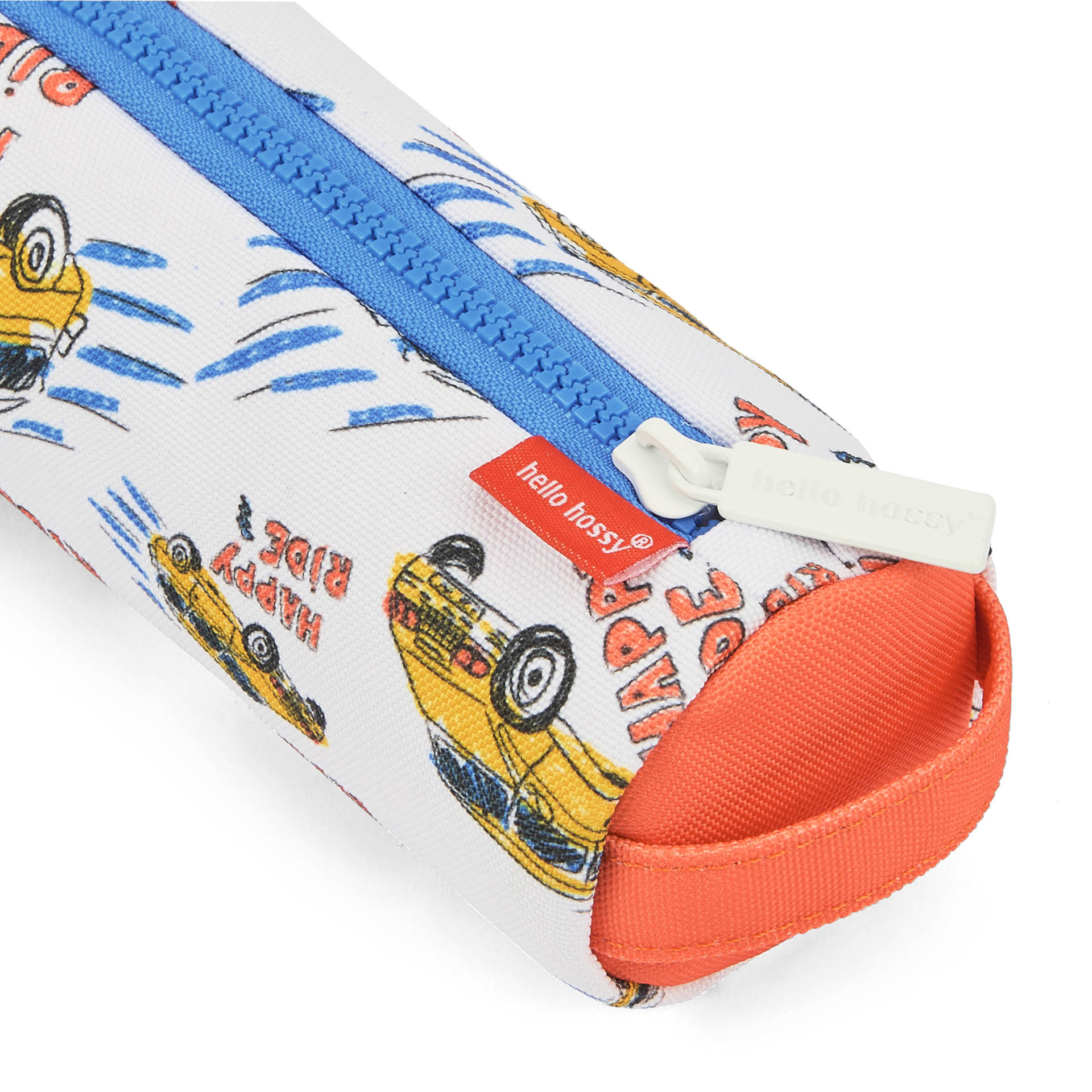 Trousse scolaire enfant blanc orange motif voitures fermeture bleue Hello Hossy