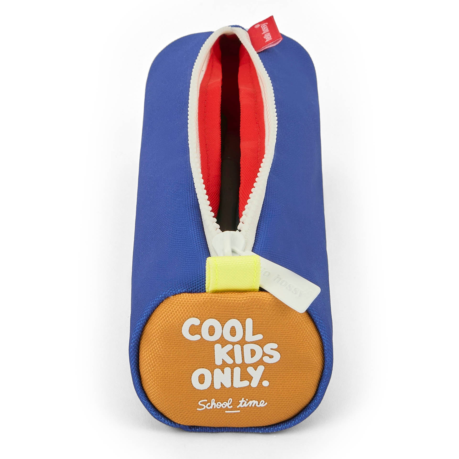 Trousse scolaire enfant bleu fermeture éclair blanche inscription texte Hello Hossy