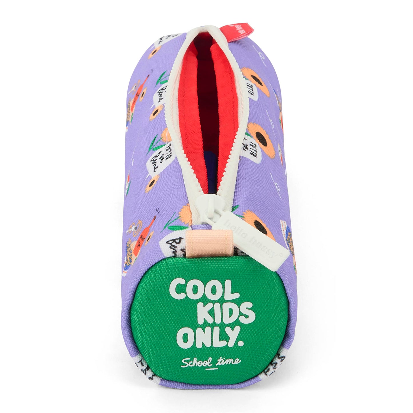 Trousse scolaire enfant violet motif fleurs inscription verte Hello Hossy