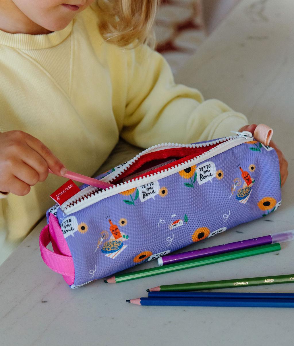 Trousse scolaire enfant violet motif fleurs et motifs colorés Hello Hossy