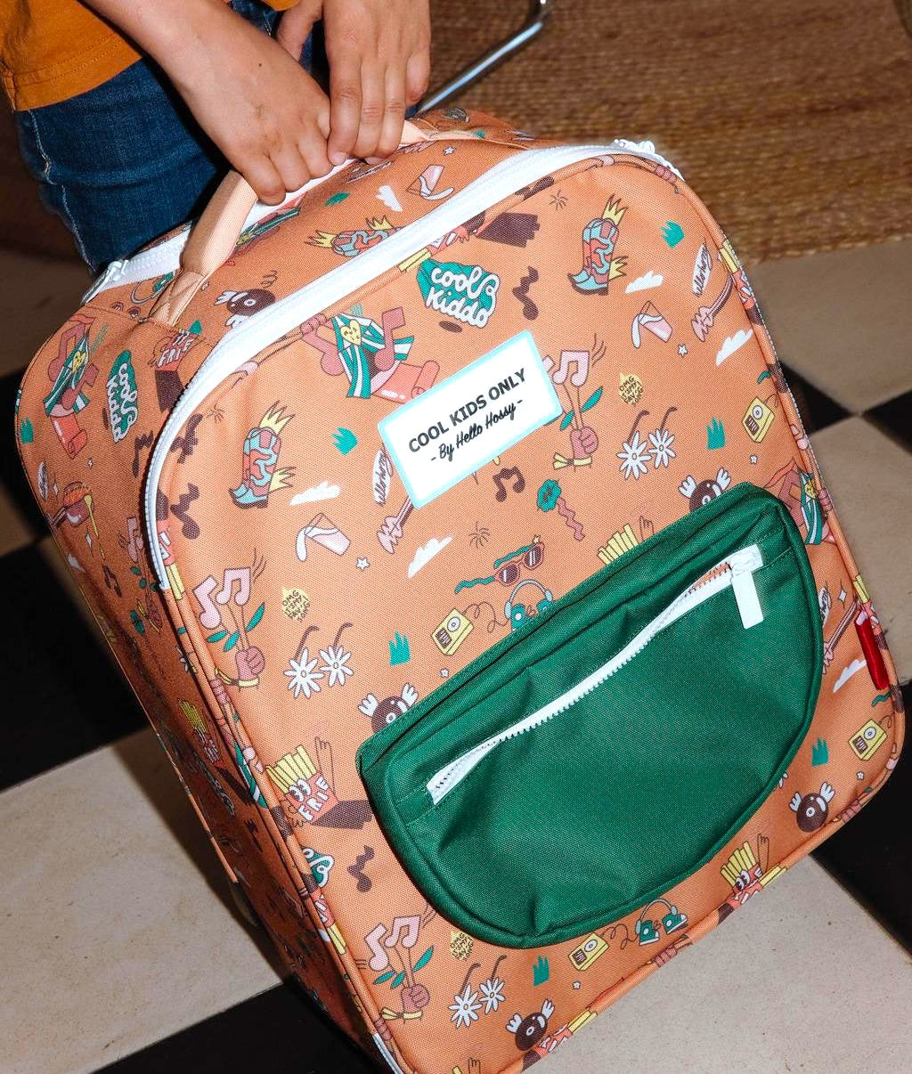 Koffer Kind Braun Musik-Motiv grüne Tasche Hello Hossy