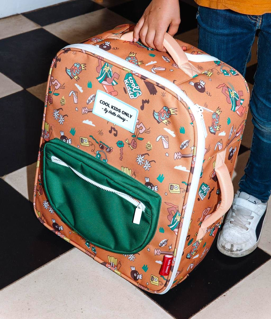 Koffer Kind Braun Musik-Aufdrucke grüne Tasche Hello Hossy