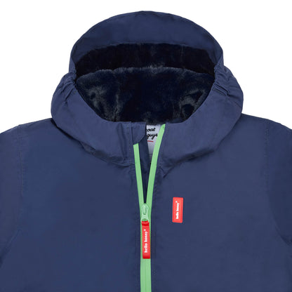 Kinderwinterjacke marineblau Kunstfellfutter grüner Reißverschluss Hello Hossy