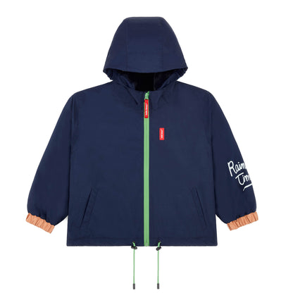 Kinderwinterjacke marineblau Kapuze Orange-Details grüner Reißverschluss Hello Hossy